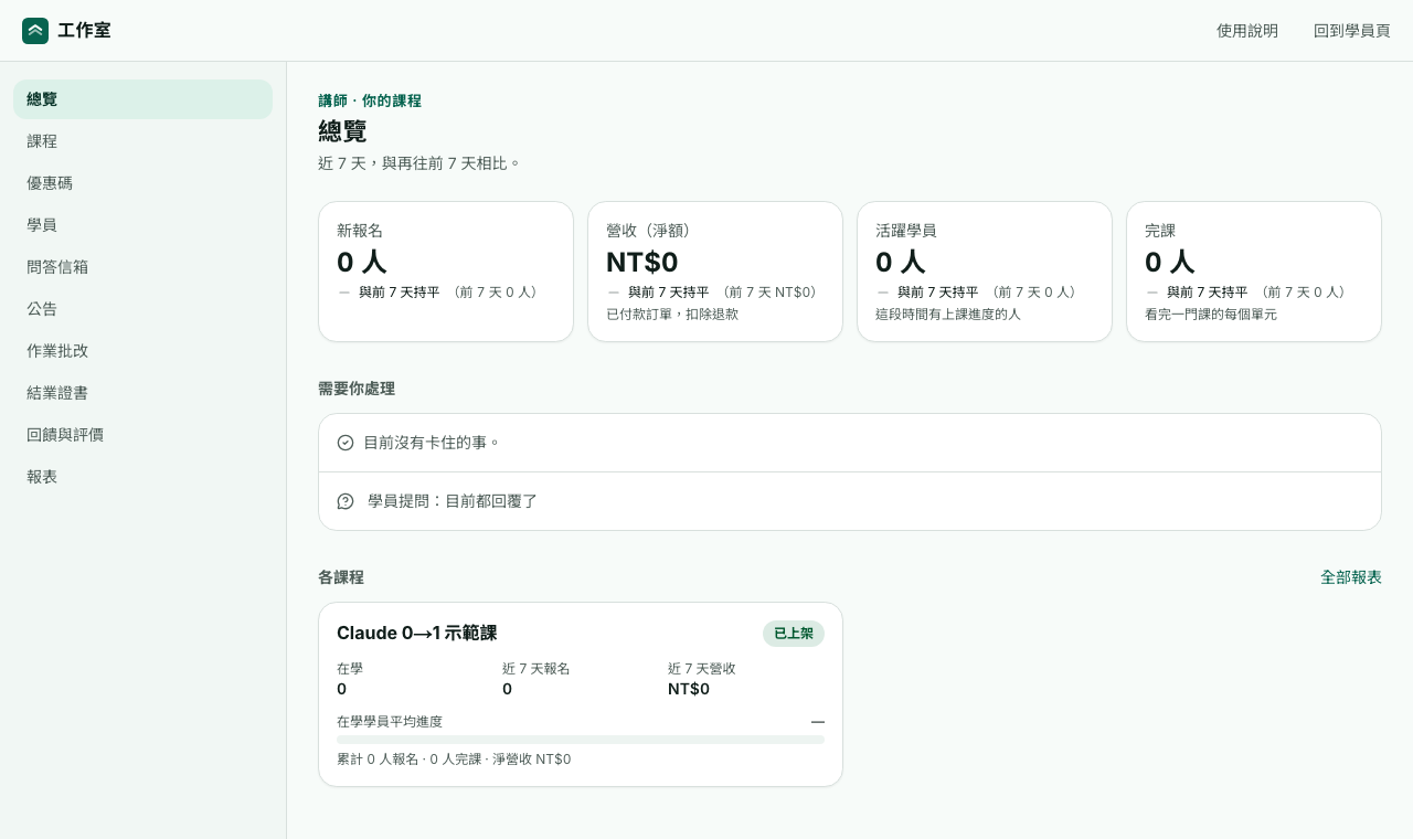 總覽:四個數字、需要你處理的事、各課程概況